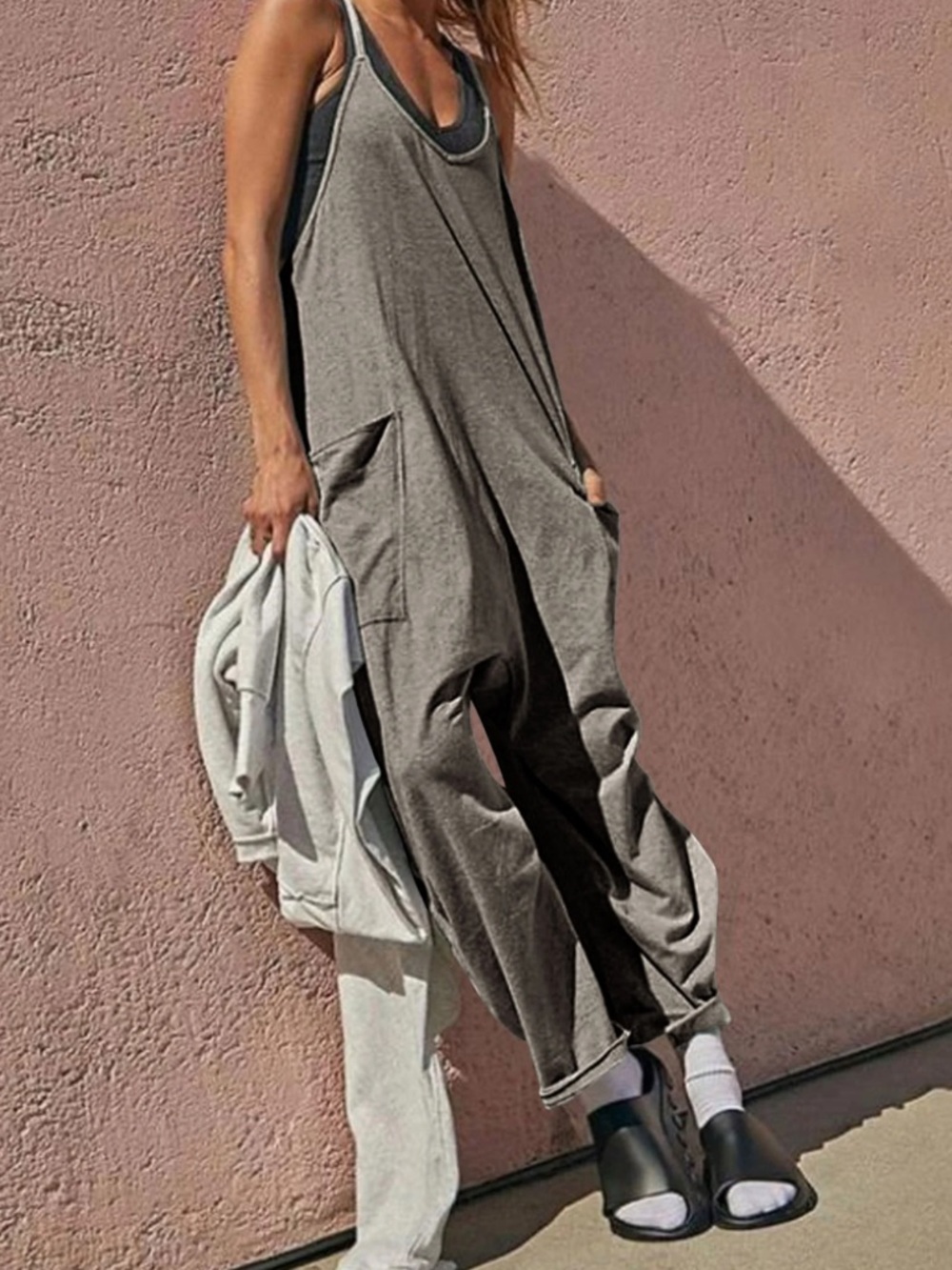 Boho Dark Grey V neck Front Pockets Jumpsuit